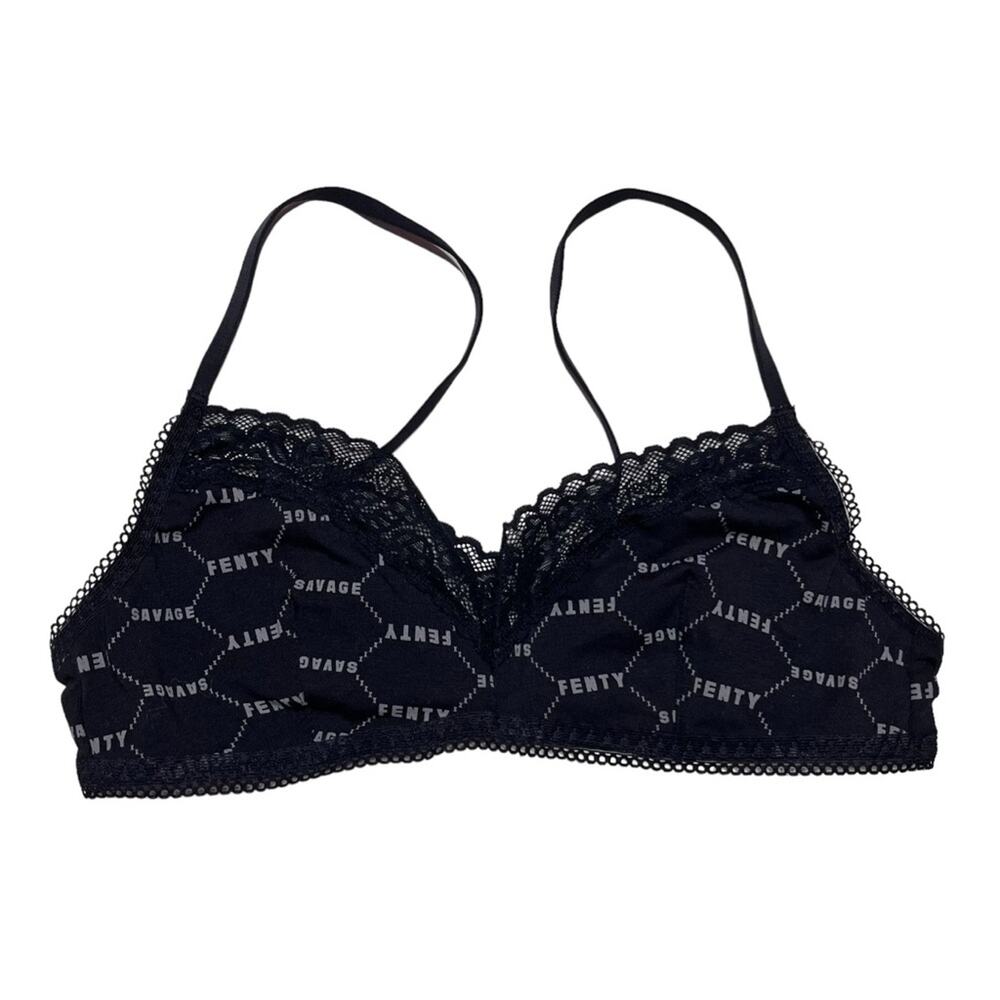 Savage X Fenty Cotton Essentials Lace Trim Bralette Black Logo Print Size Small